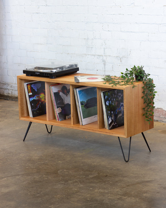 120cm Solid Tasmanian Oak Record Player Stand W/ Hairpin Legs
