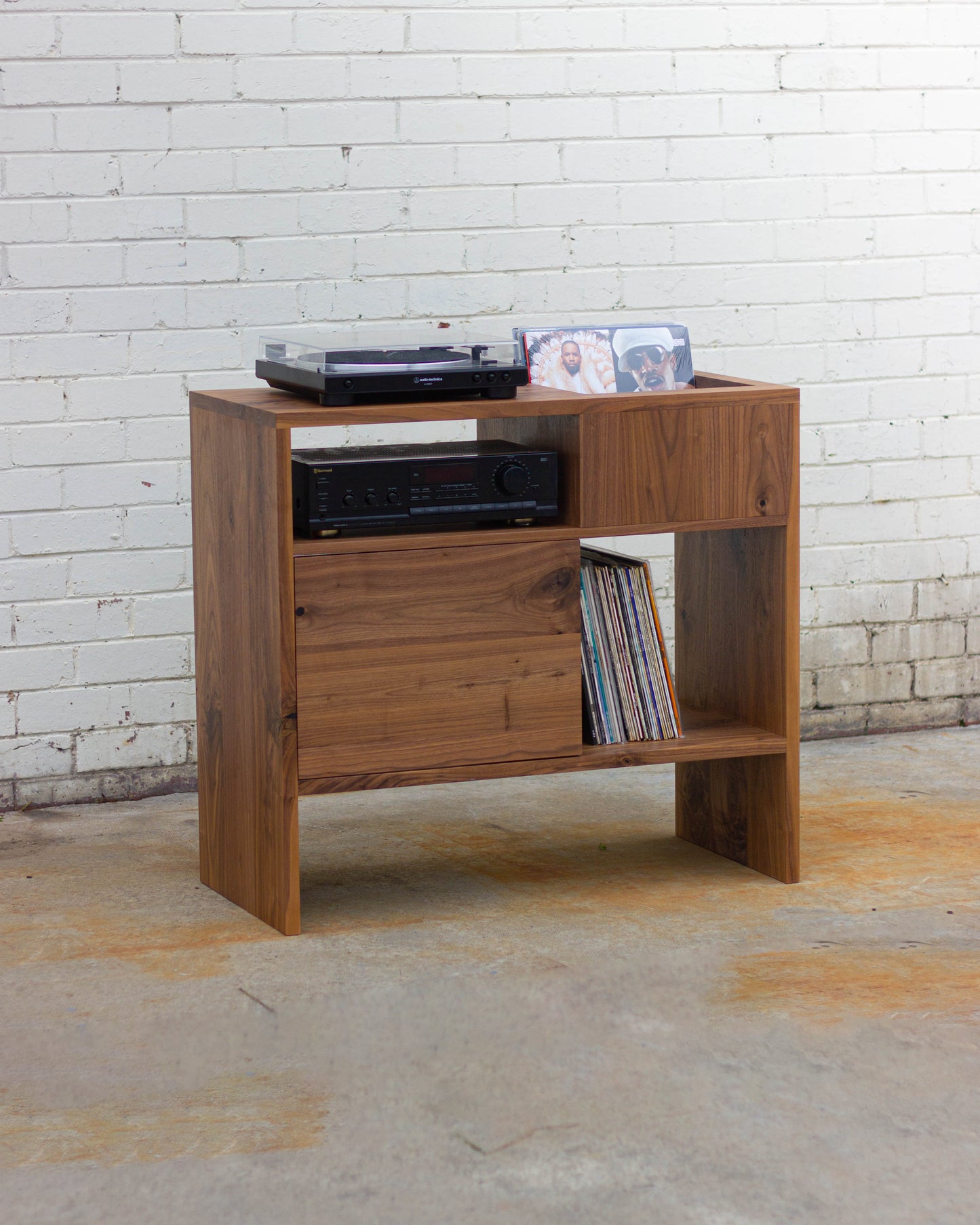 92cm Solid American Oak Record Player Stand W/ Flip Bin