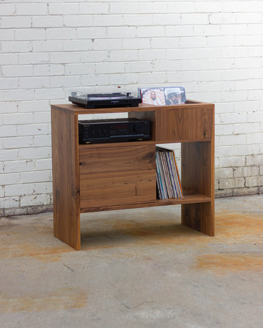 92cm Solid American Oak Record Player Stand W/ Flip Bin