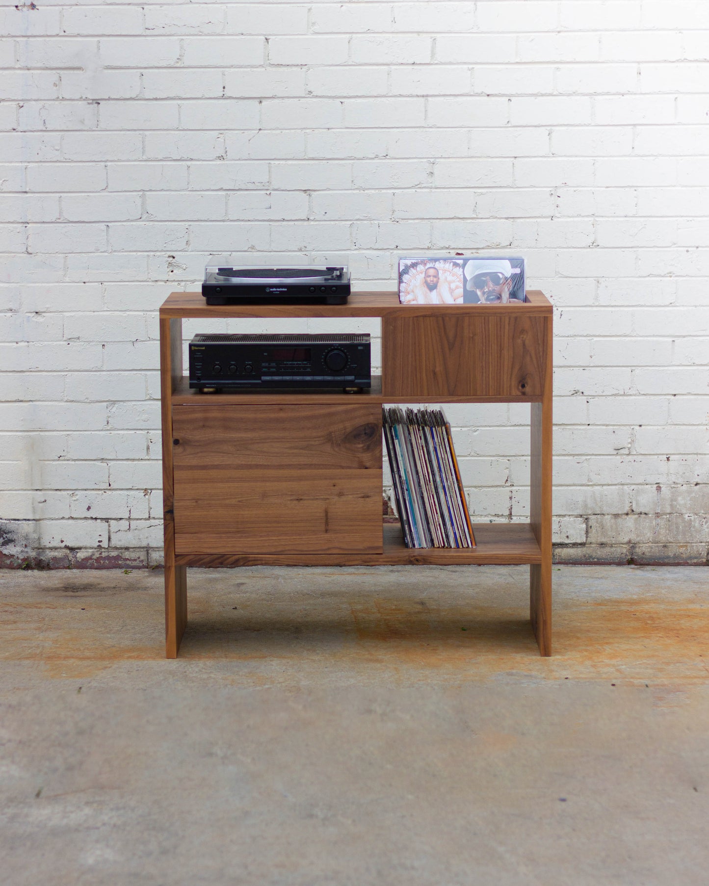 92cm Solid American Oak Record Player Stand W/ Flip Bin