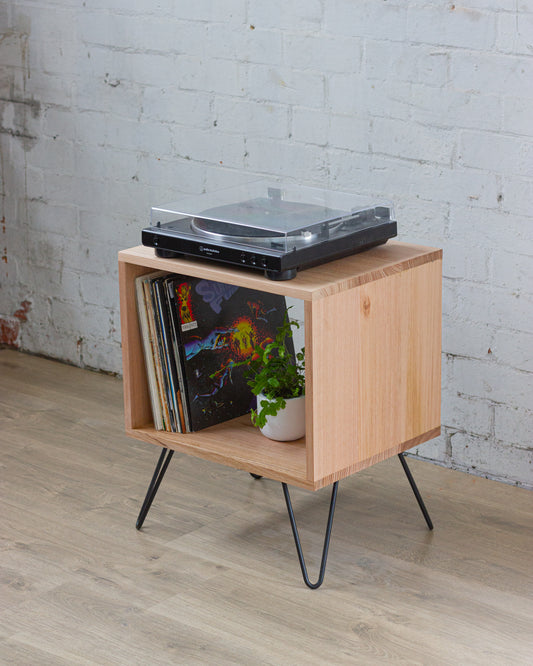 50cm Solid Hardwood Tasmanian Oak Record Player Stand W/ Hairpin Legs