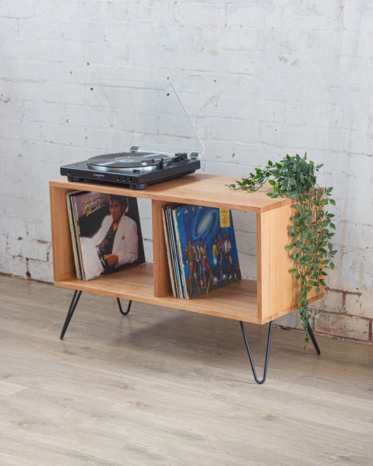 90cm Solid Tasmanian Oak Record Player Stand W/ Hairpin Legs