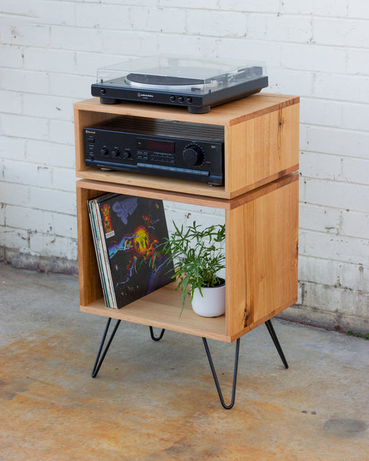 50cm Solid Hardwood Tasmanian Oak Record Player Stand With Floating Amplifier Storage